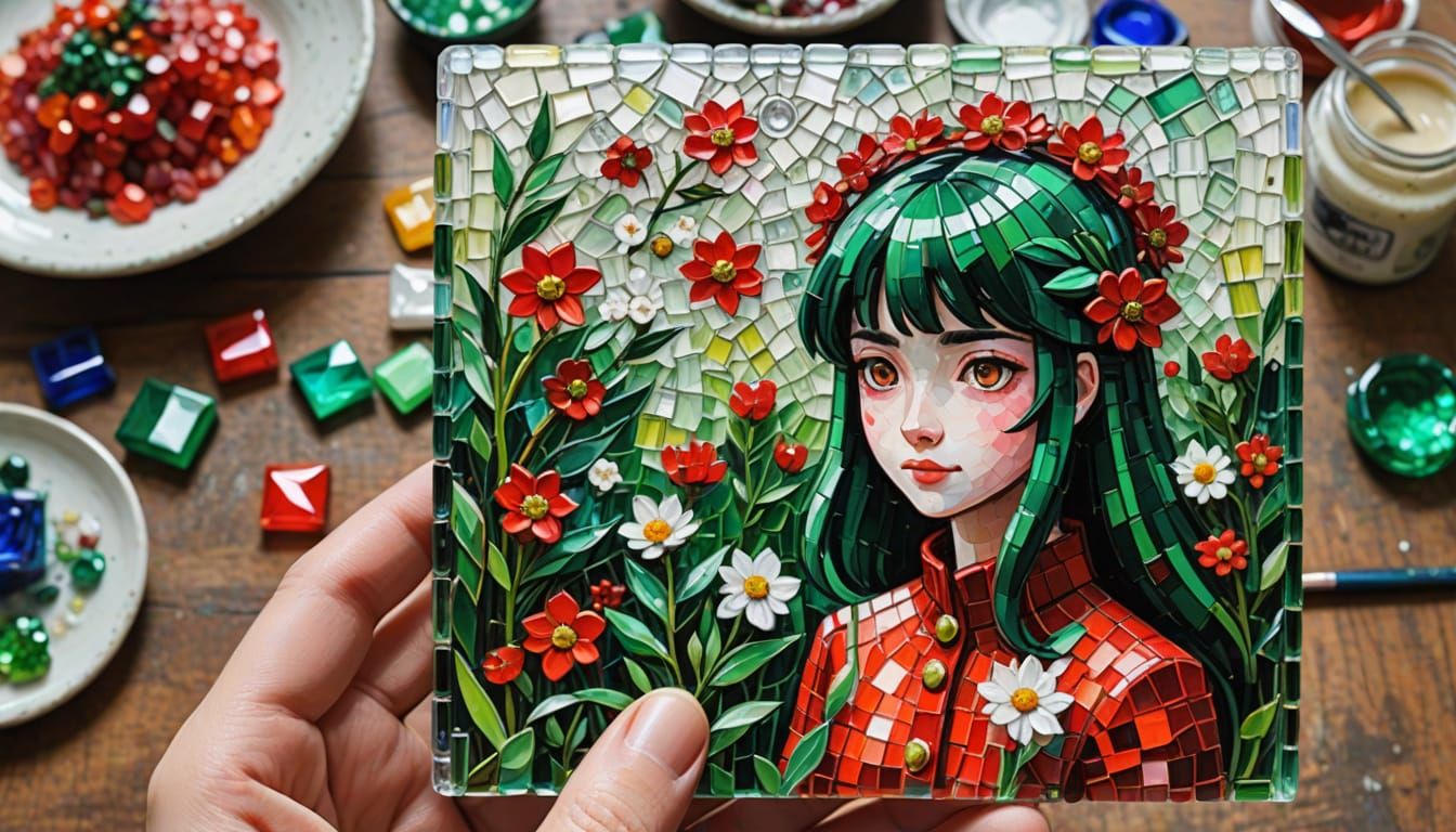Vibrant Crystal Girl in a World of Squares, Ghibli-Inspired