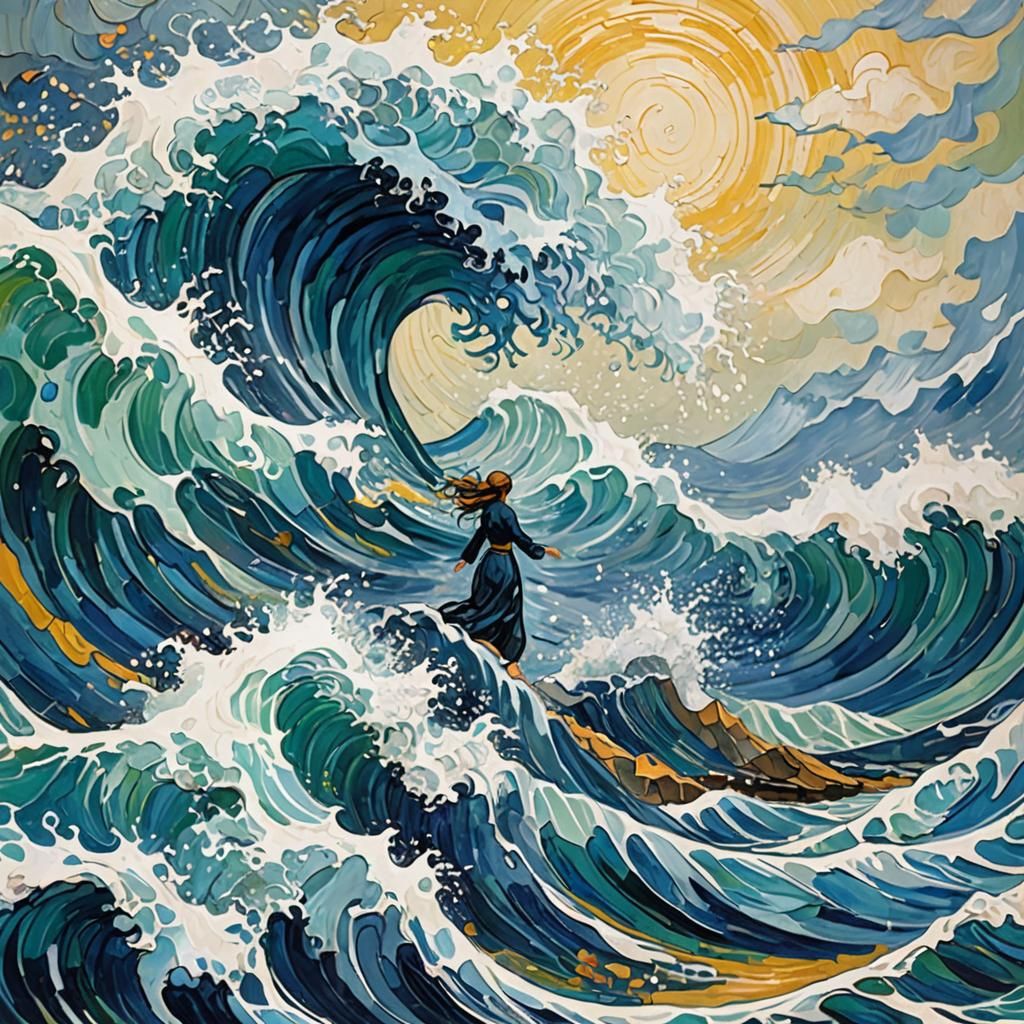 Anime Water Goddess Arising: Expressionist Impasto Painting