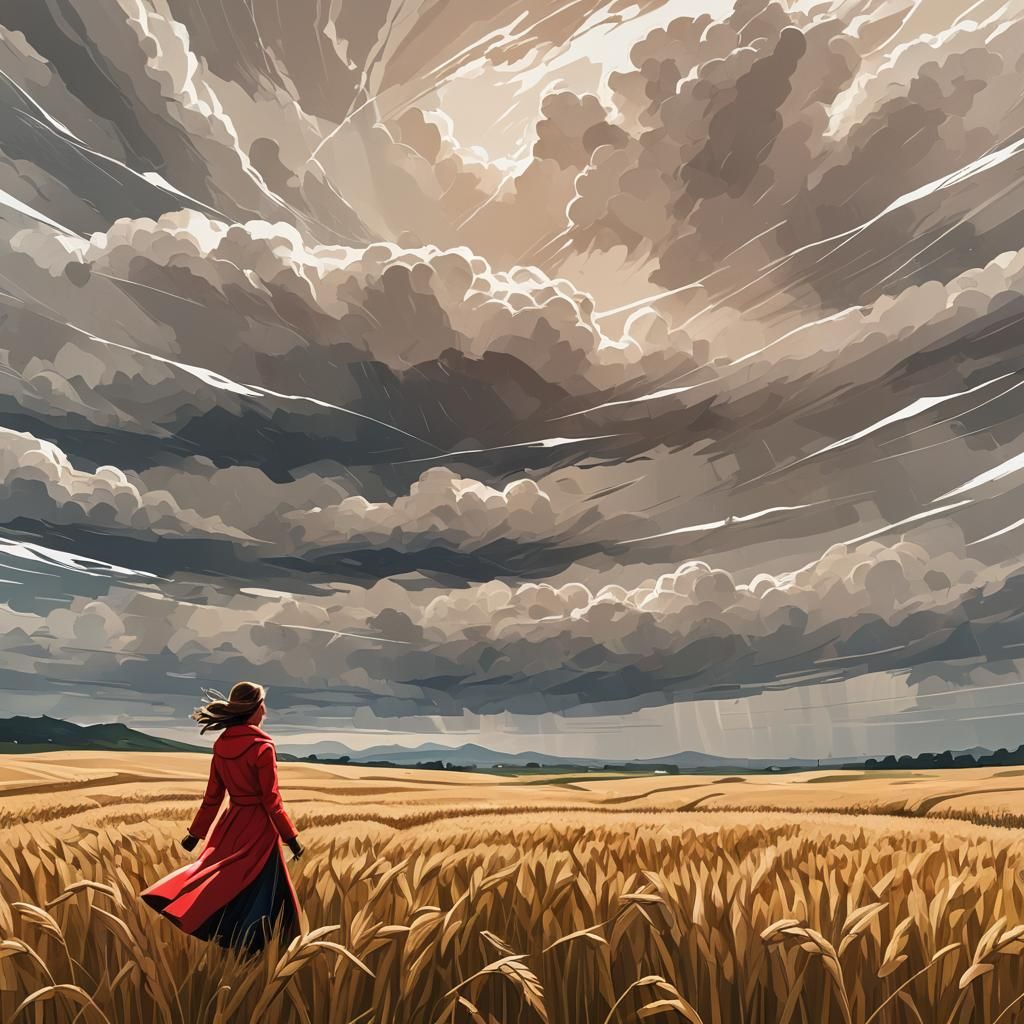 Girl in Wheat Field with Stormy Sky, Vector Art
