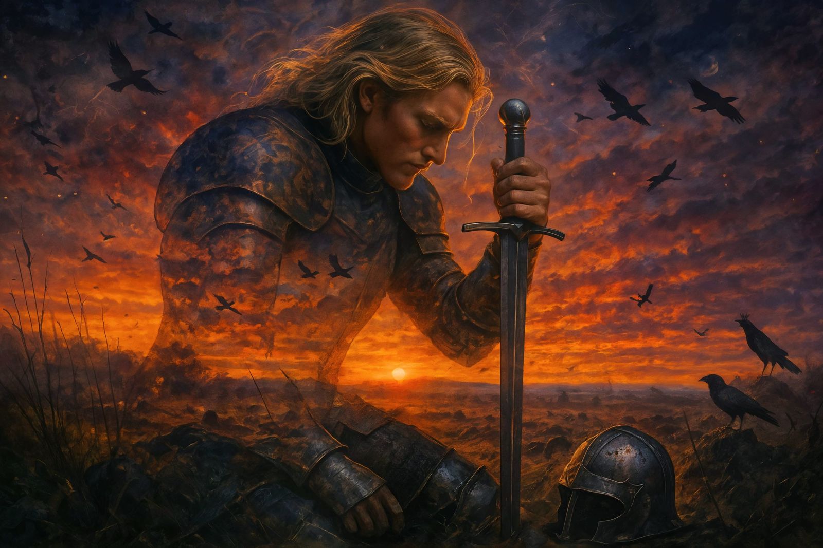 Knight in Contemplation with Battlefield Double Exposure