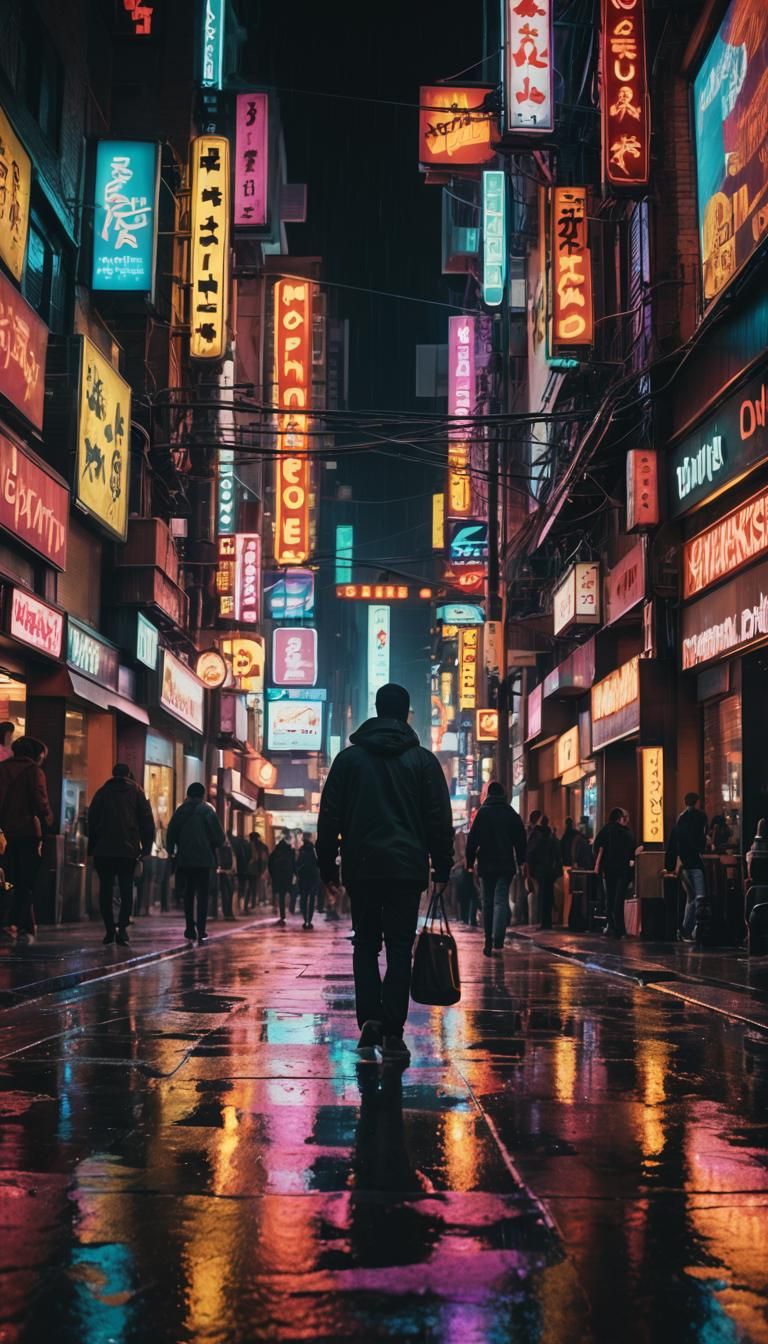 Neon Cityscape at Night in Cinematic Style