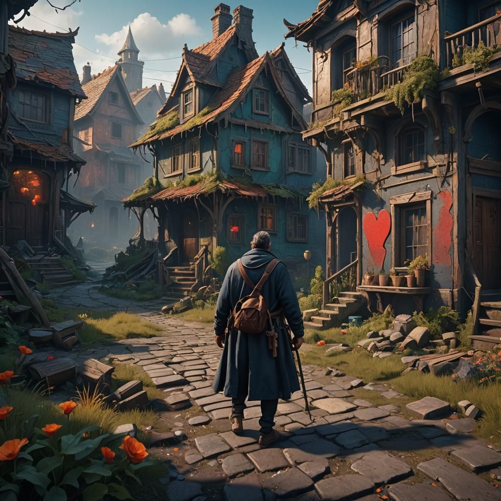 A broken hearted man is walking away from his home