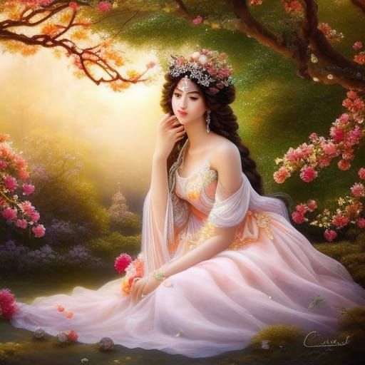 Peach Fairy in Orchard, Watercolor Fantasy