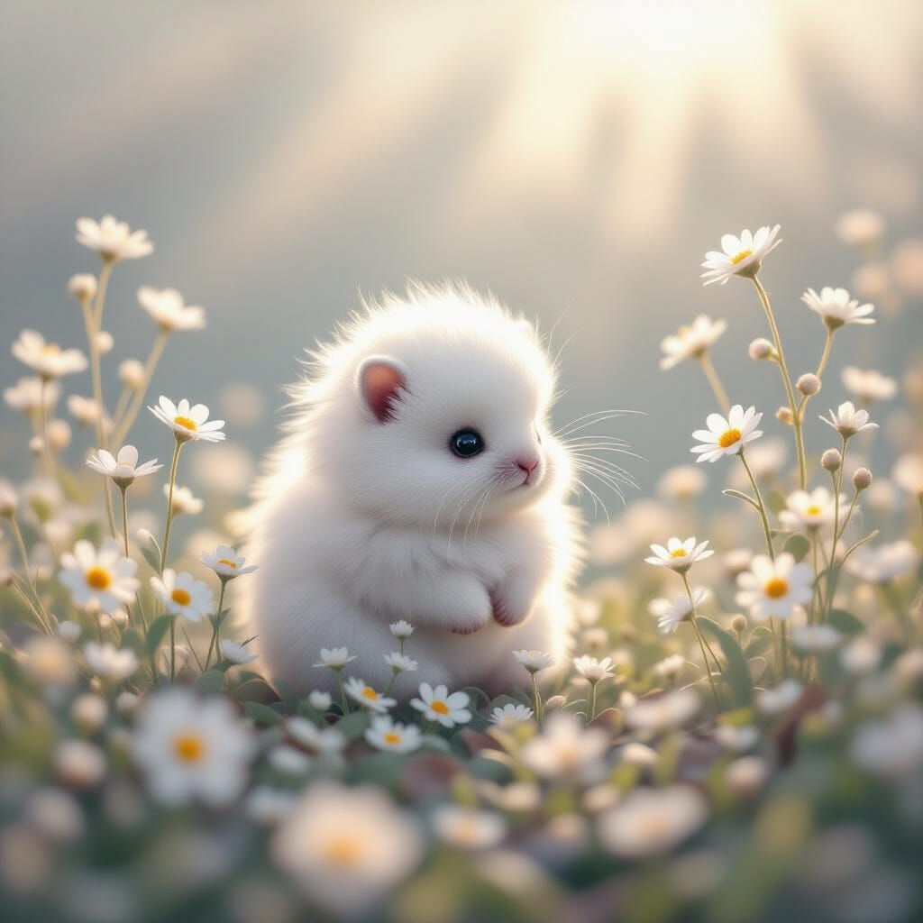 Fluffy Creature Among Delicate Flowers in Pastel Hues