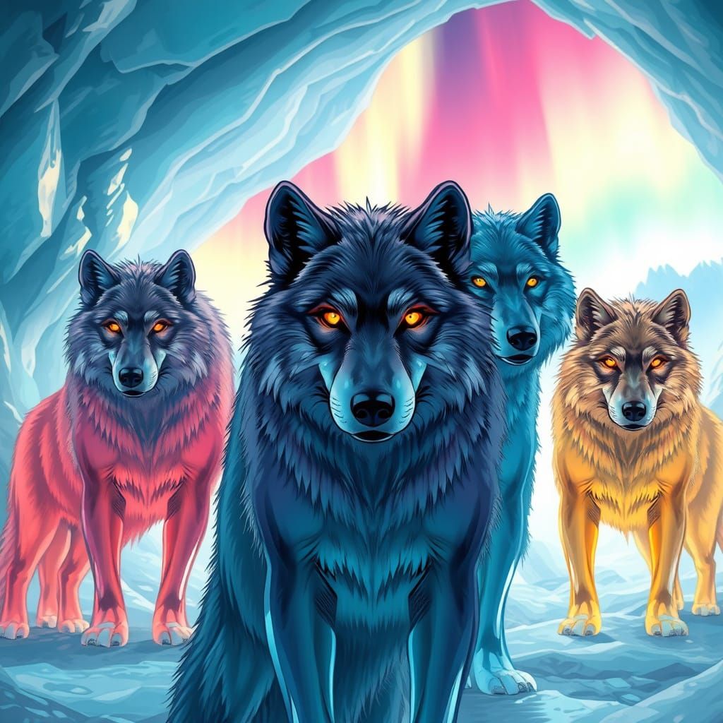 Ethereal Ice Wolves Dance in Cosmic Cave