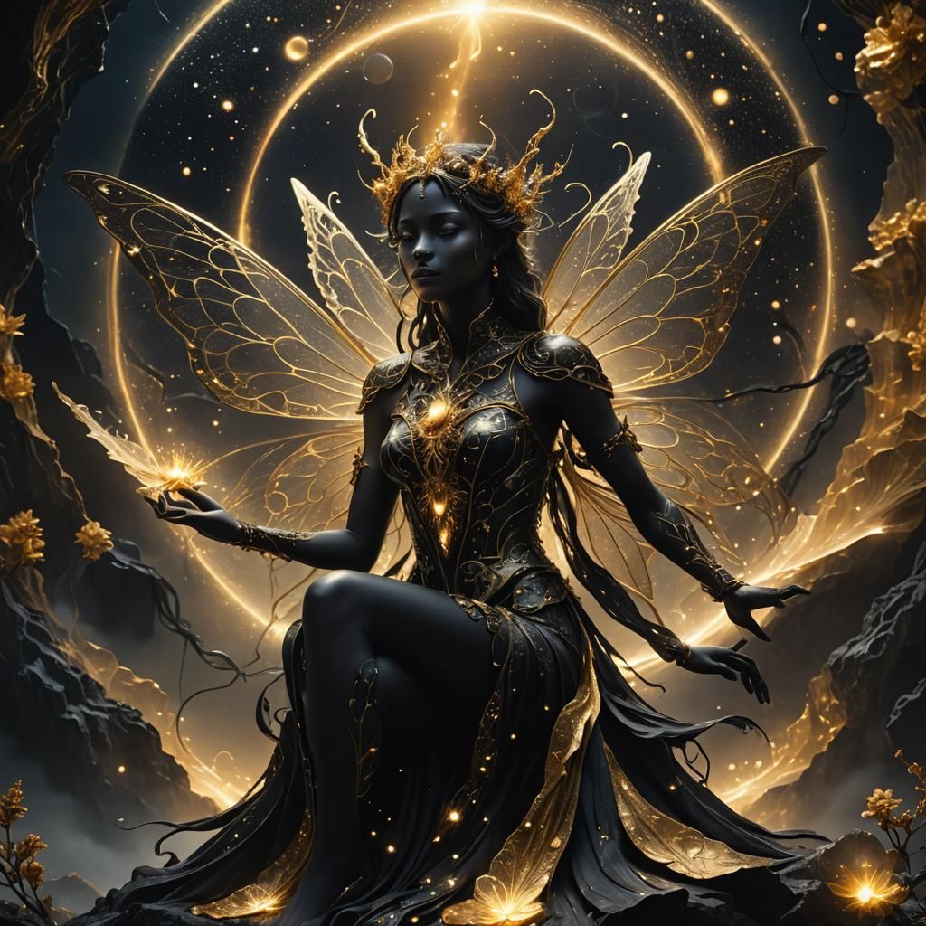 Ethereal Fairy on Cosmic Aura in Surreal Landscape