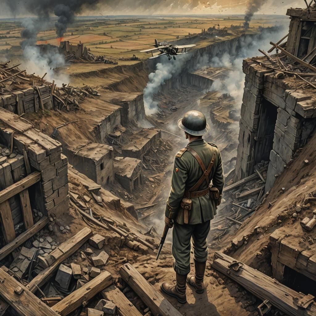 Italian Soldier in WWI Trench, Oil Painting Style