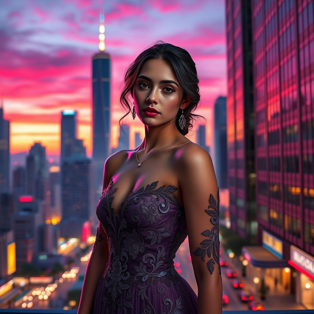 Elegant Woman in Cityscape, Retro-Futuristic Style