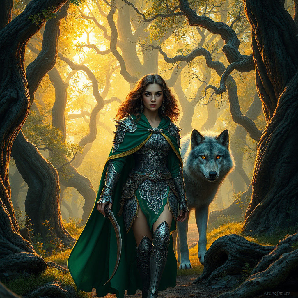 Warrior and Wolf in Mystical Forest