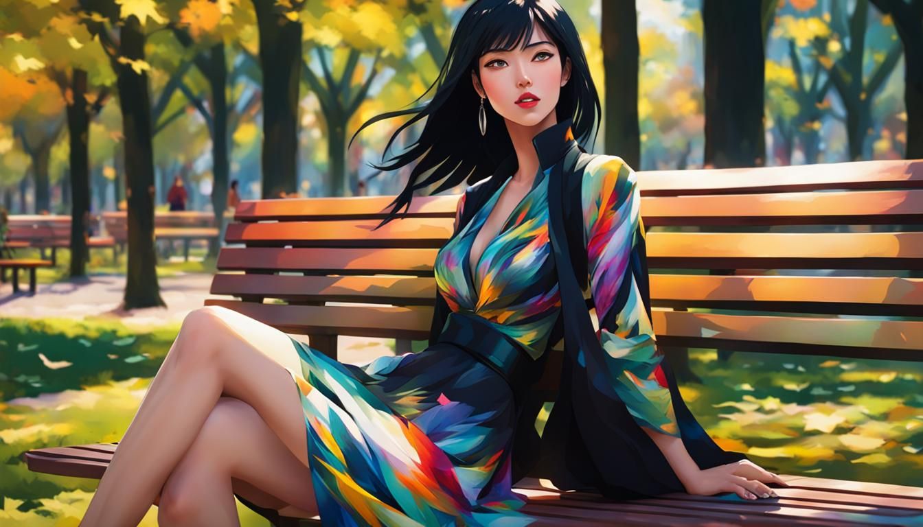 Woman on Park Bench in Urbanpunk Anime Style