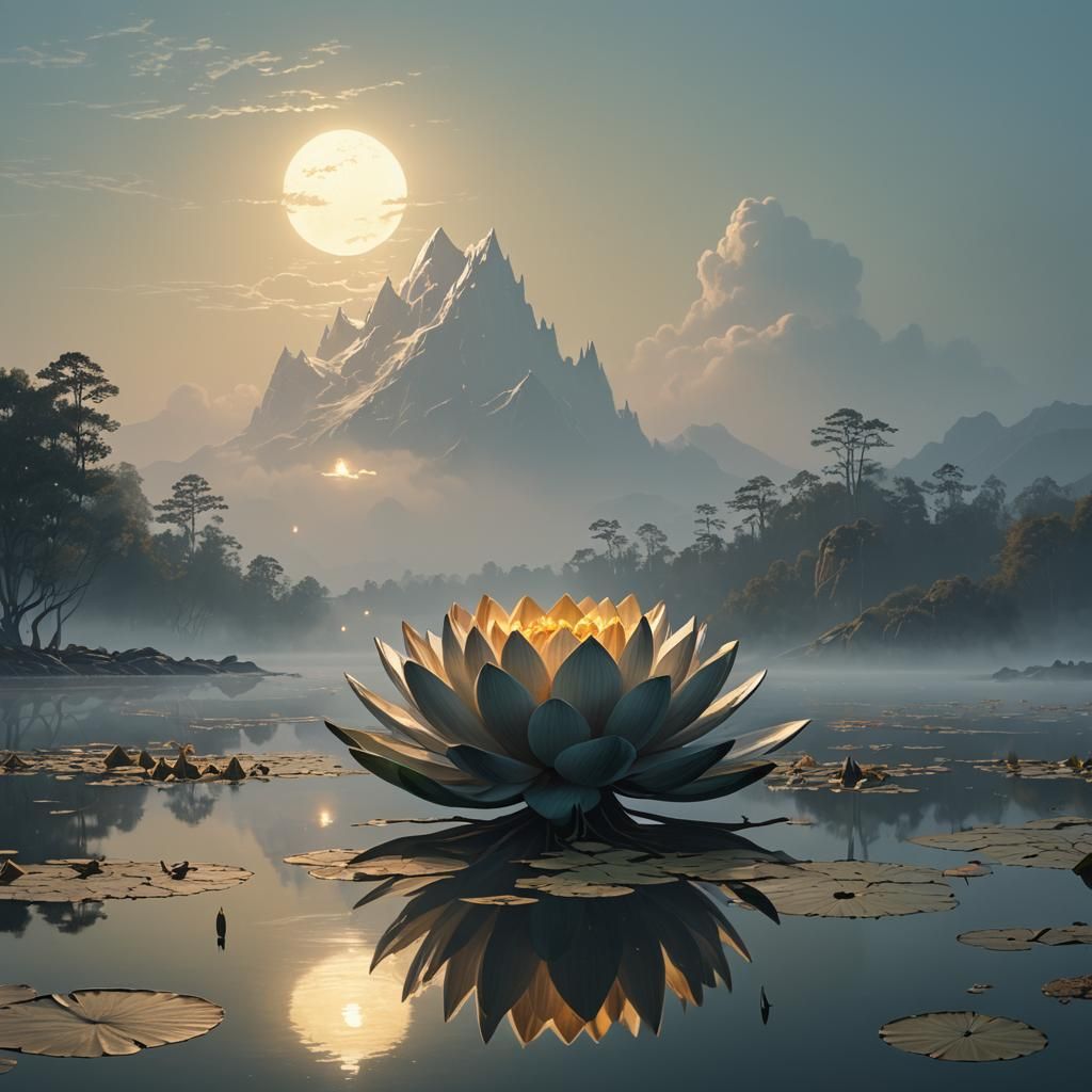 Metallic Lotus Above Misty Lake, Fantasy Concept Art