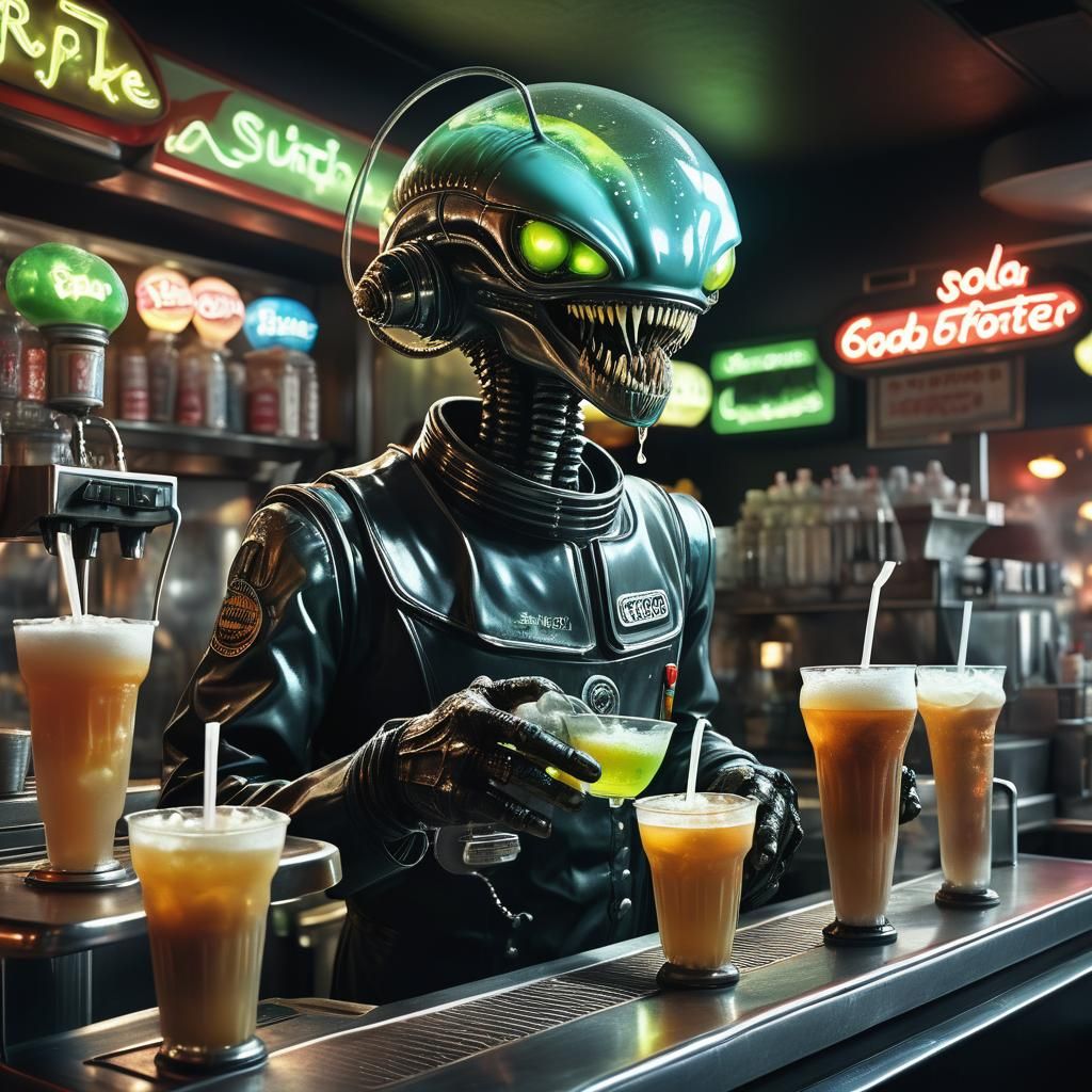 Extraterrestrial Gas Attendant Serving Drinks