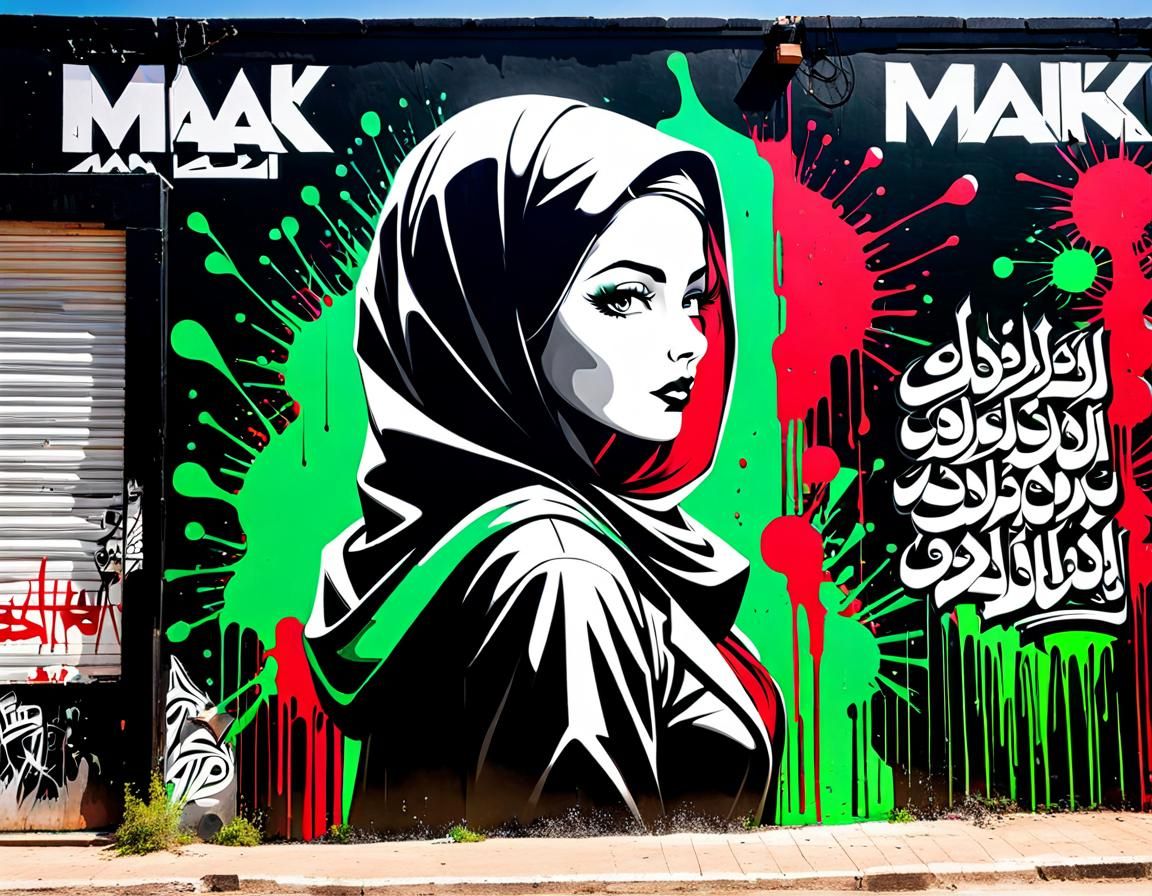 Palestinian Woman in Graffiti Mural with Splash Art