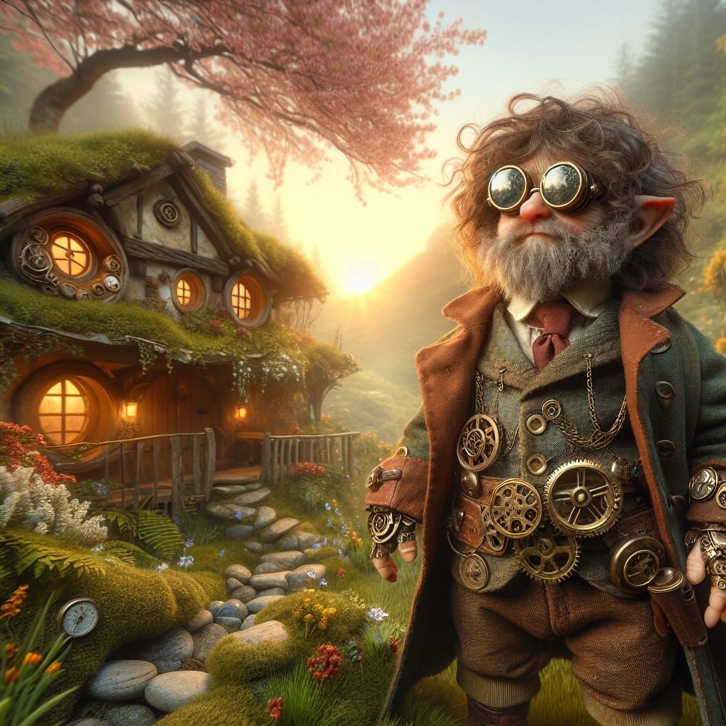 Steampunk Hobbit in Spring Forest at Sunrise