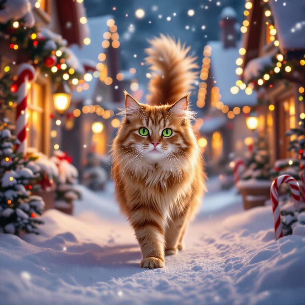 Ginger Cat Enters Magical Snow-Covered Christmas Town