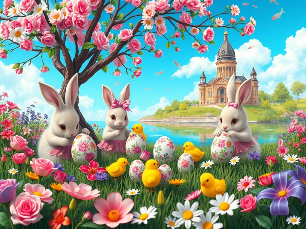 Easter Bunnies Painting Eggs in Dreamlike Landscape