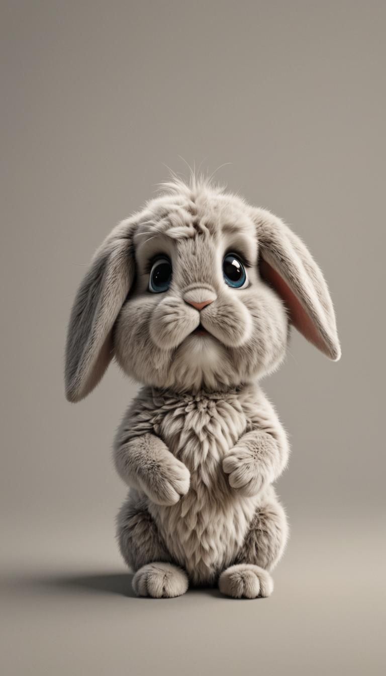 Sad Fluffy Rabbit Creature in 3D with Big Eyes