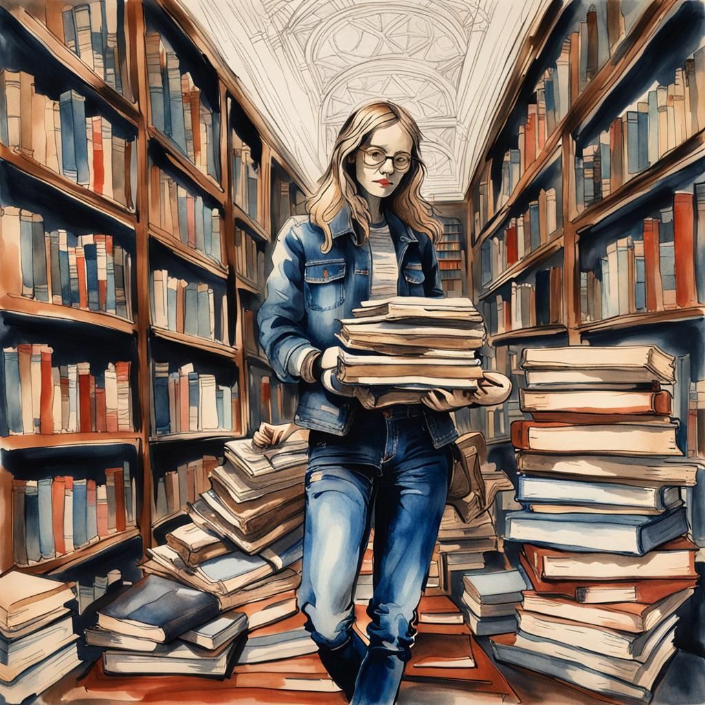 Modern Librarian in Library: Atmospheric Ink Wash Painting