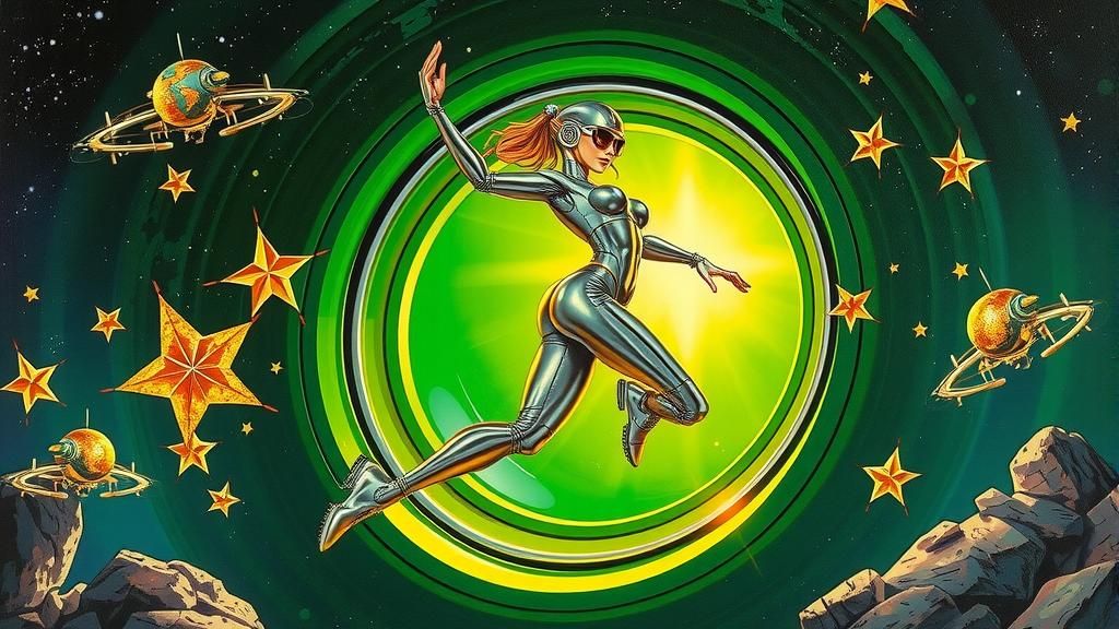 Retro Cyberpunk Robotic Woman Jumps to Space Invasion