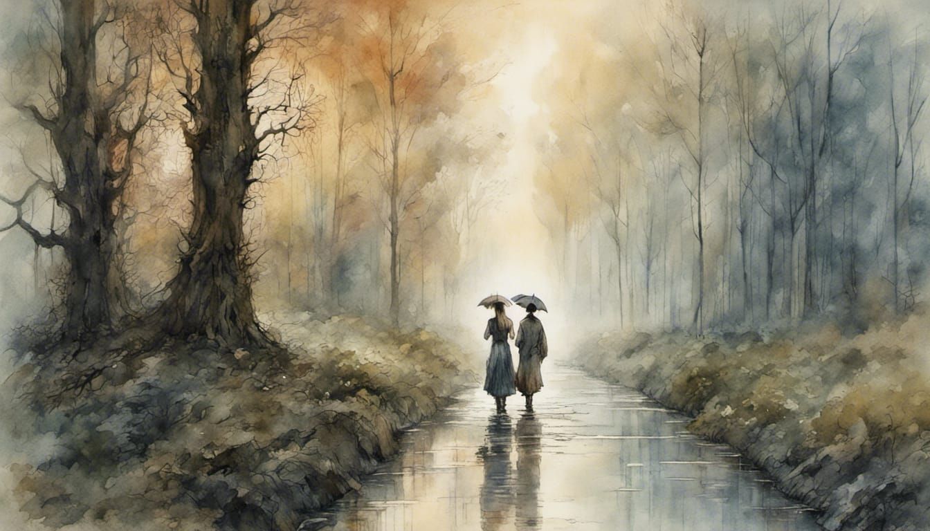 Man and Woman Walking in Rain, Watercolor Ink Style