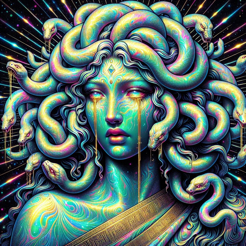 Medusa crying tears of gold. Wearing greek chiton