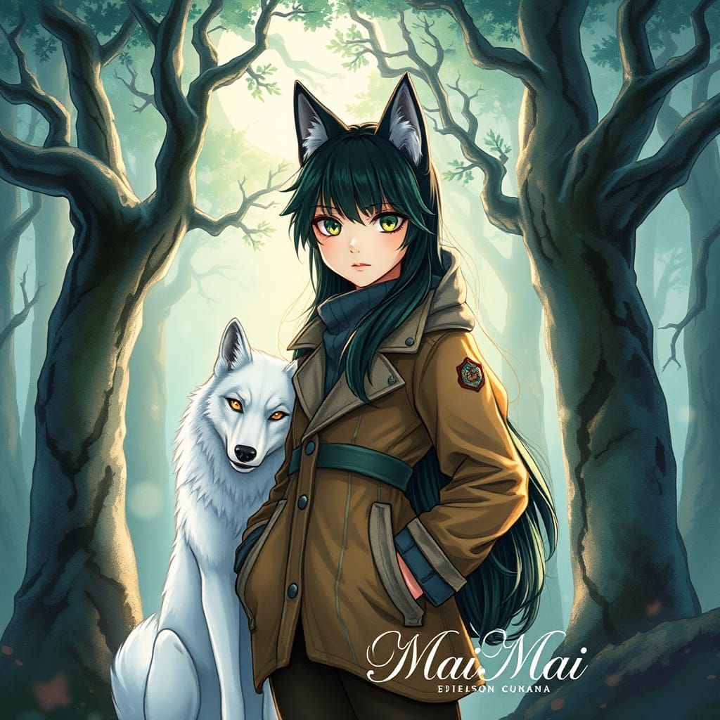 Wolf Girl in Mystical Forest Glows with Ethereal Moonlight