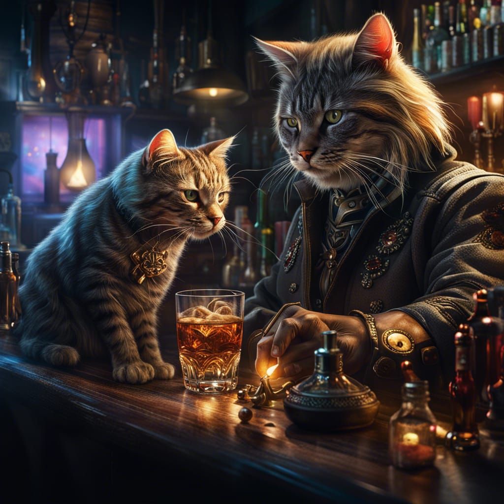 Cat Bartender in Mystical Landscape: Digital Illustration
