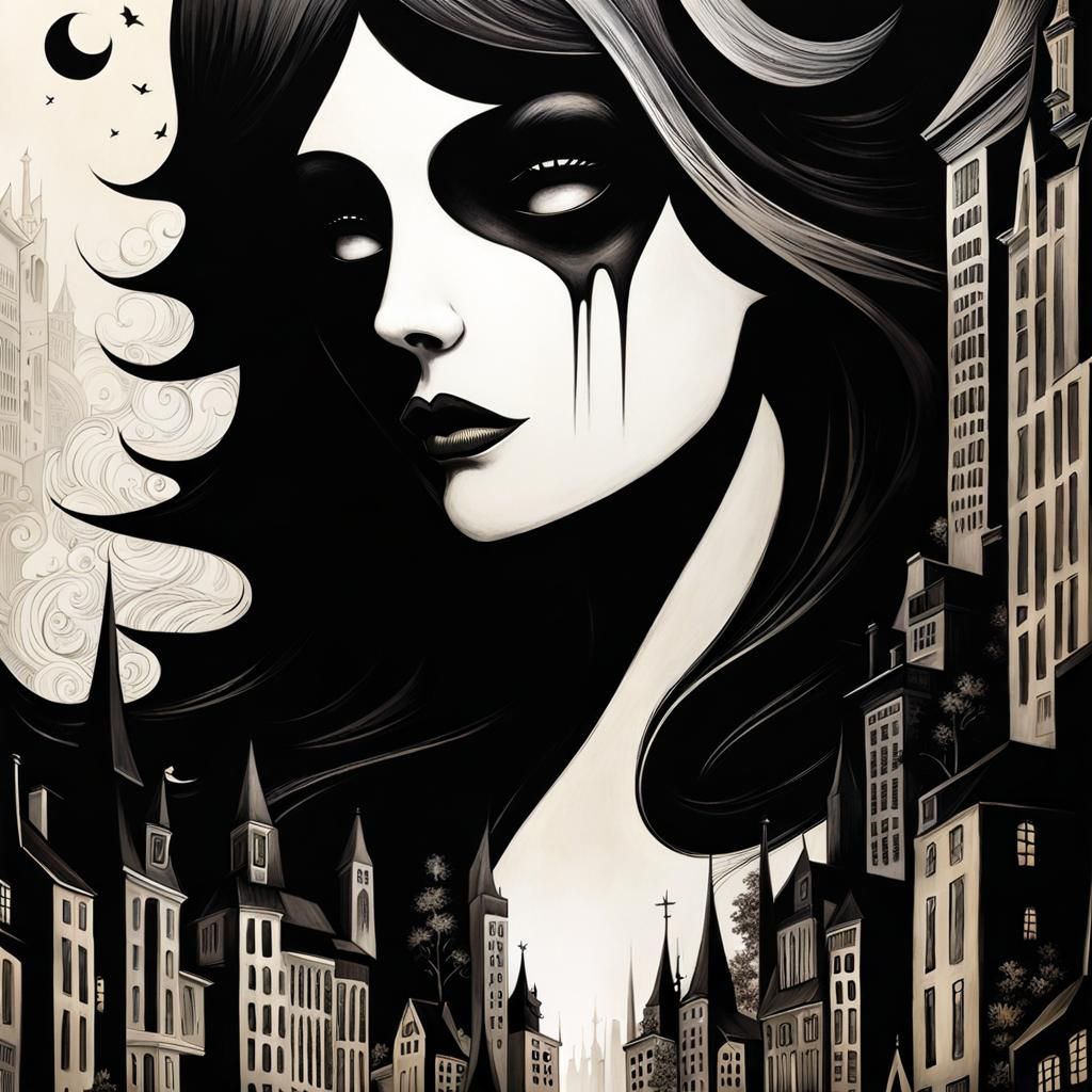 Mysteriously Cute Witch in Dreamlike Cityscape