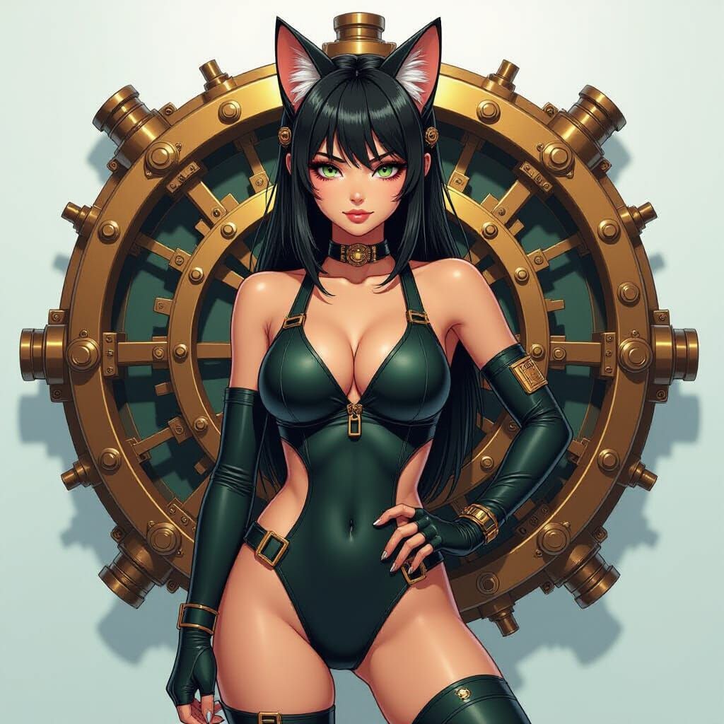 Cat Girl with Steampunk Engine in Industrial Style