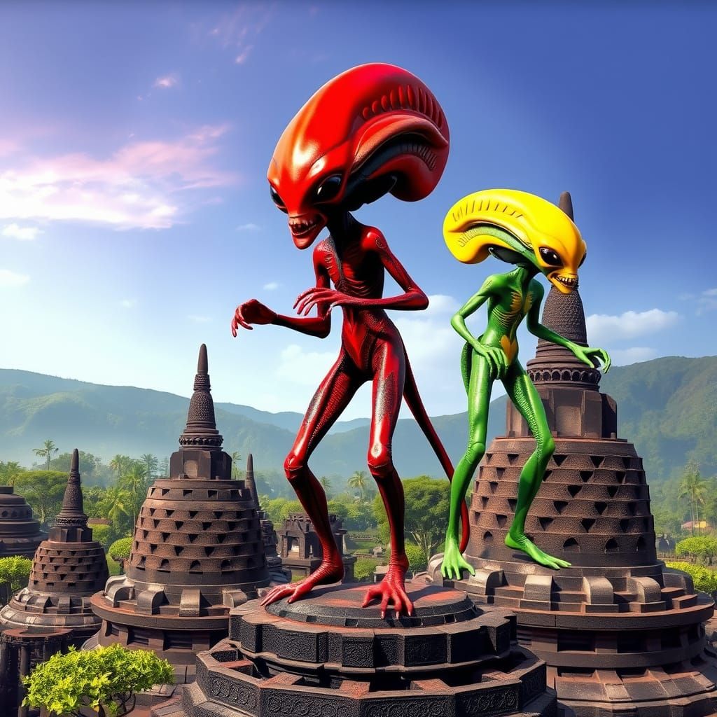 Aliens on Borobudur Stupas: A Surreal Scene