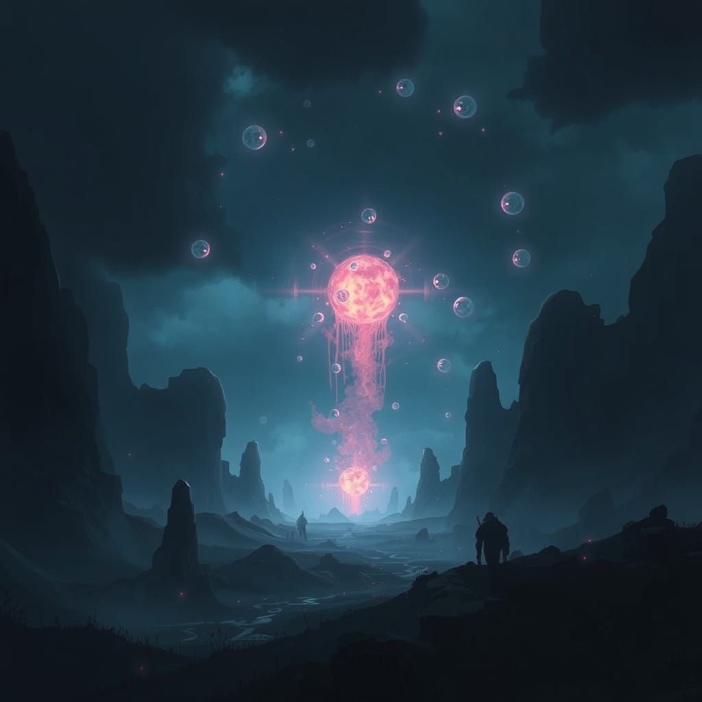 Ominous Bubbles Rise in Dark Fantasy Landscape