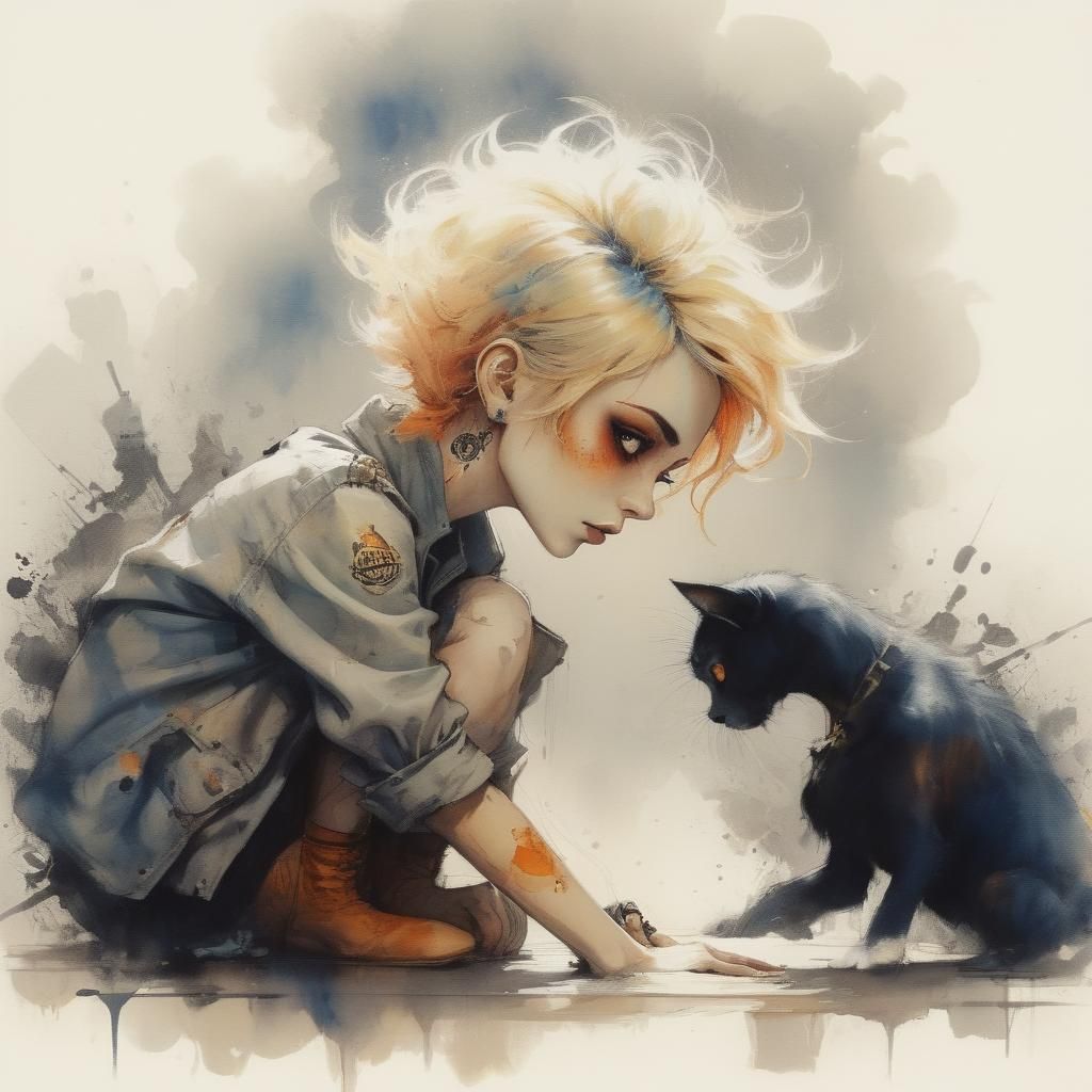 Golden Blue Girl in Steampunk Watercolor Style