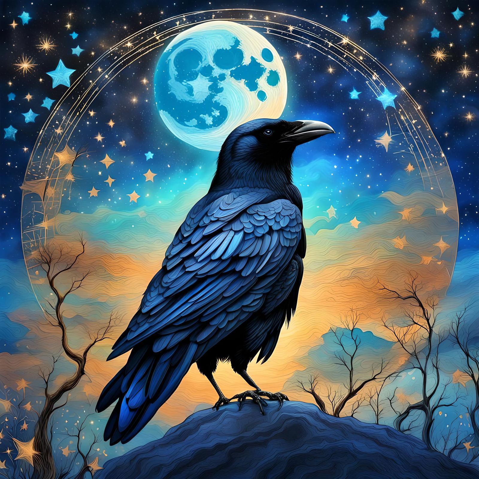 Crow and Moon: Cosmic Astral Illustration
