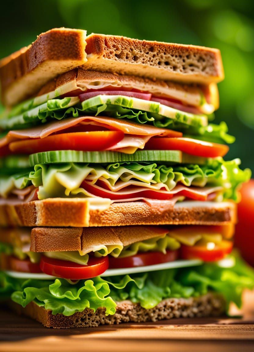 Dagwood sandwich, sandwich with 20 layers, tomato, lettuce, Professional photography, bokeh, natural lighting, canon len...