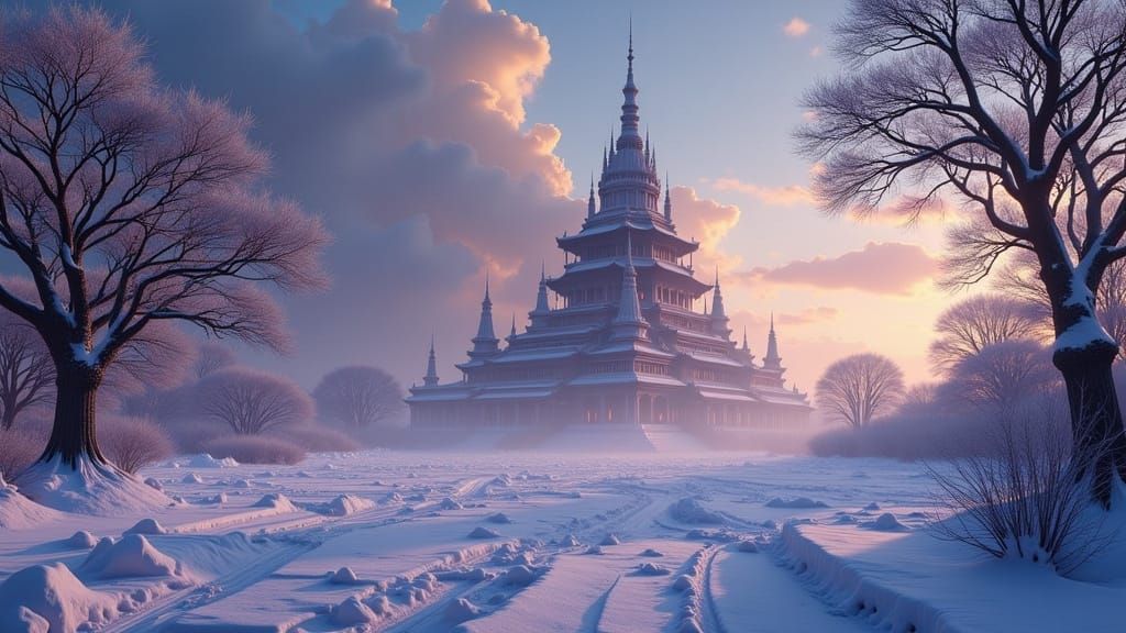 Majestic Ancient Chinese Temple in Winter Landscape Oil Pain...