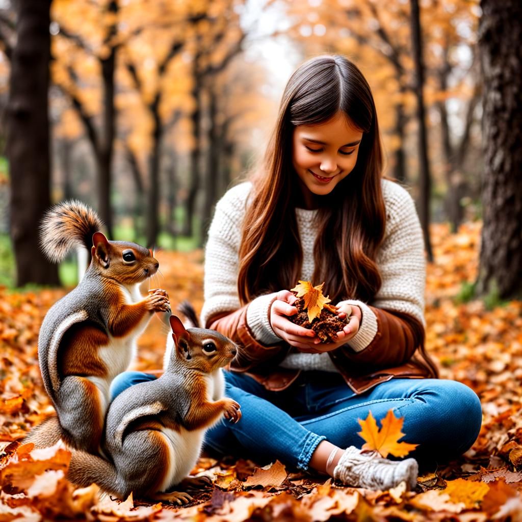 Girl and Squirrel in Autumn Leaves