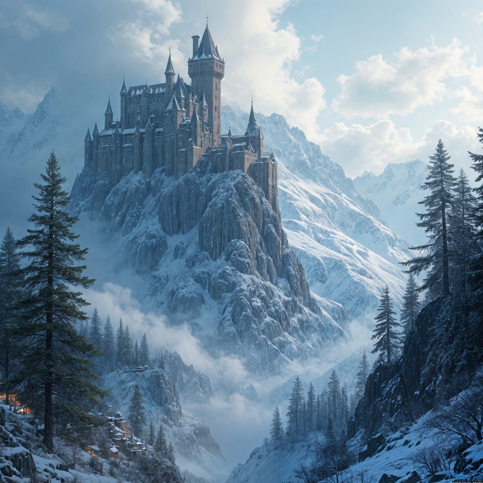 Stone Castle on Mountain in Dramatic Digital Painting