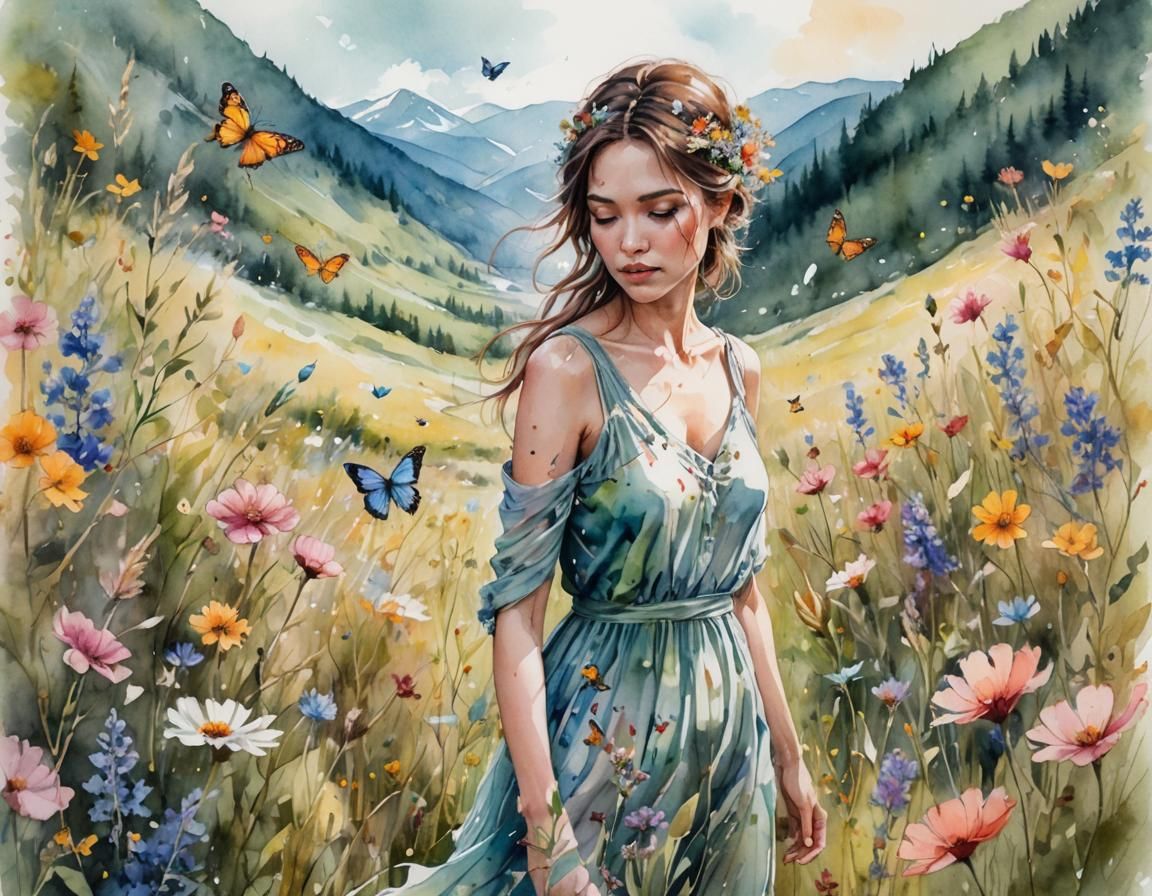 Serene Mountain River in Vibrant Flower Meadow