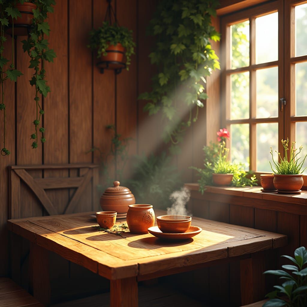 Rustic Wooden Table with Vintage Decor in Sunlight