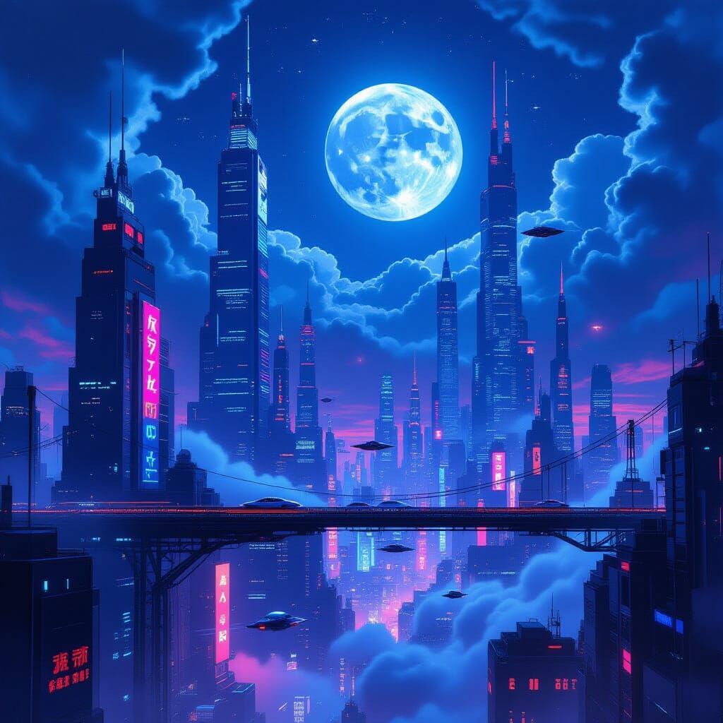 Cyberpunk Cityscape at Twilight with Neon Lights and Full Mo...