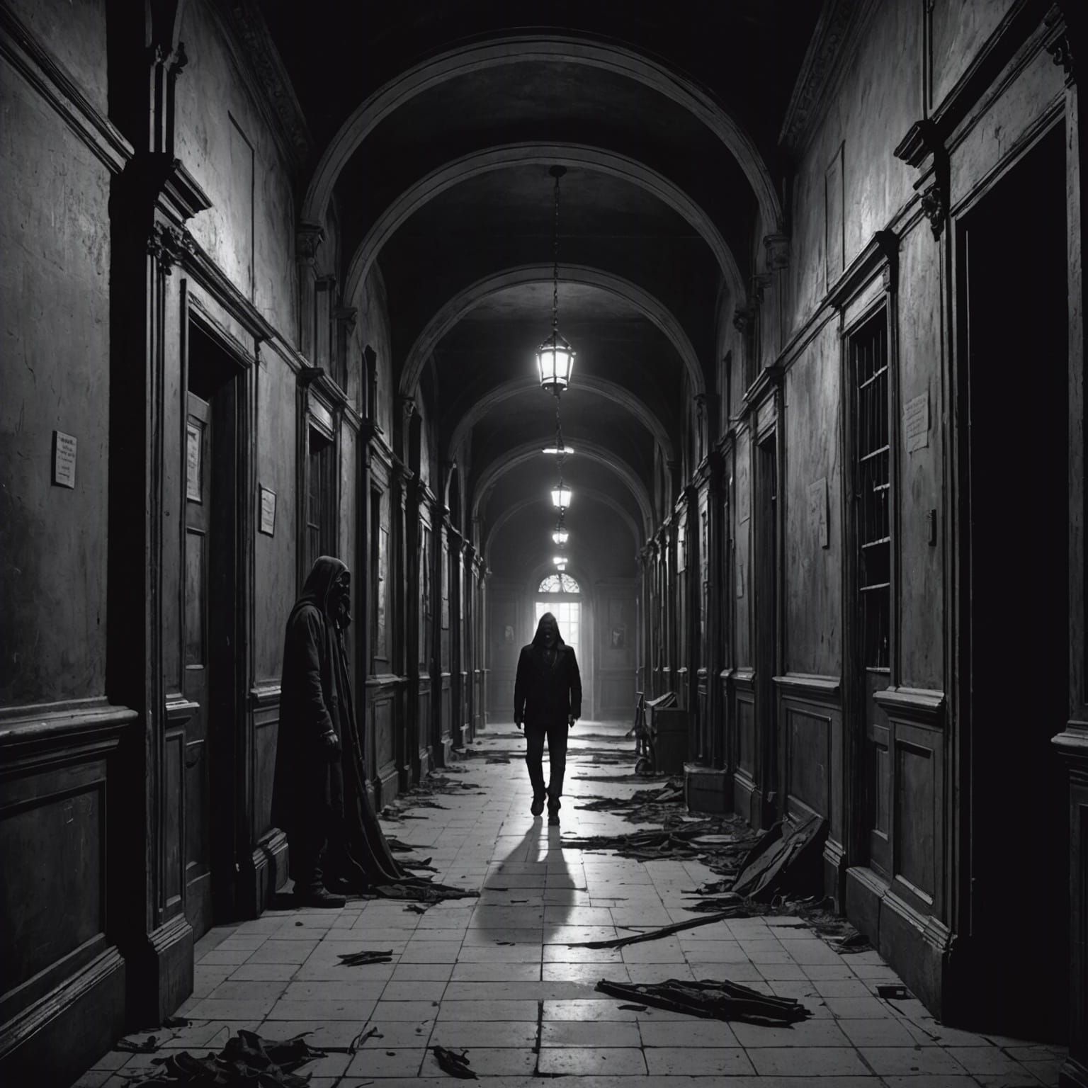 Gothic Horror: Zombies in a Dark School Hallway