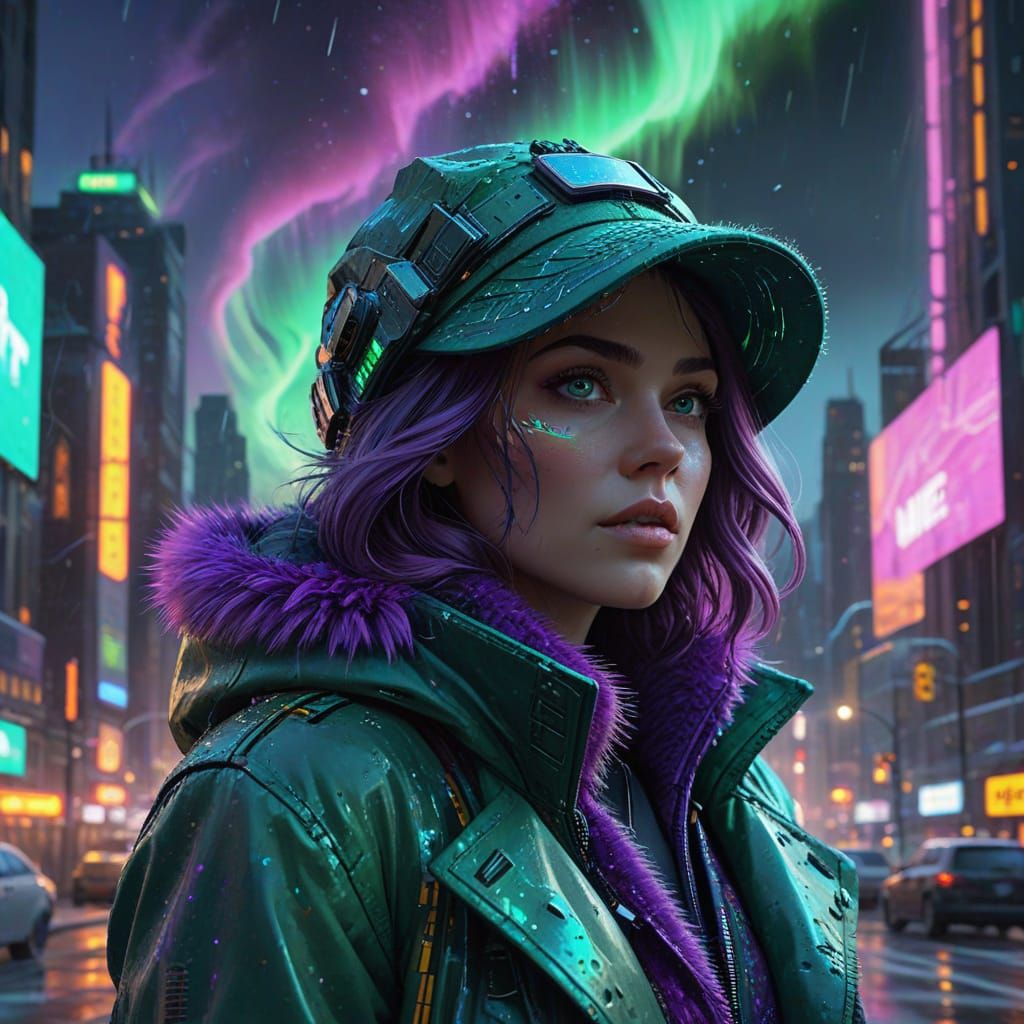 Mystical Winter Siren Amidst Glitched Cityscape