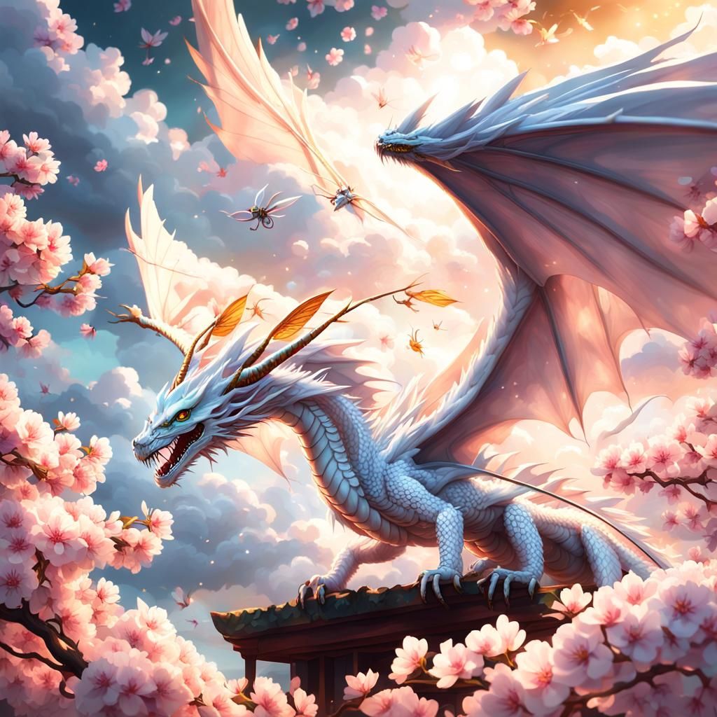 Ethereal White Dragon in Cherry Blossom Heaven