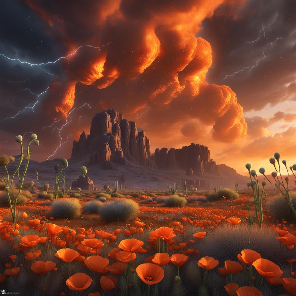 California Desert Thunderstorms with Orange Poppies
