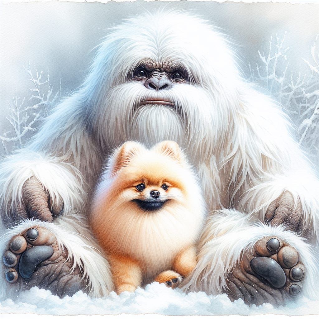 Cute Pomeranian and Yeti in English Watercolor Style