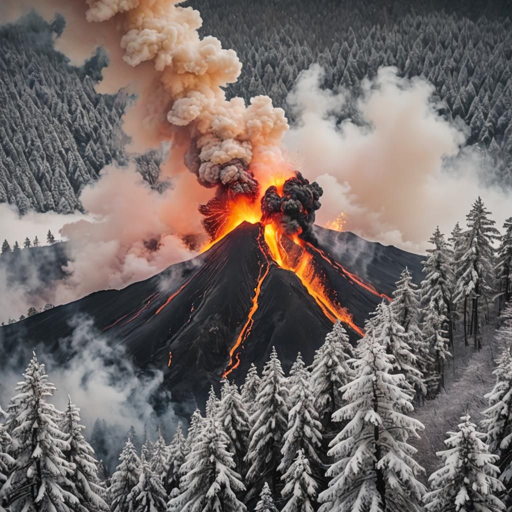 Volcanic Eruption in Snowy Japan