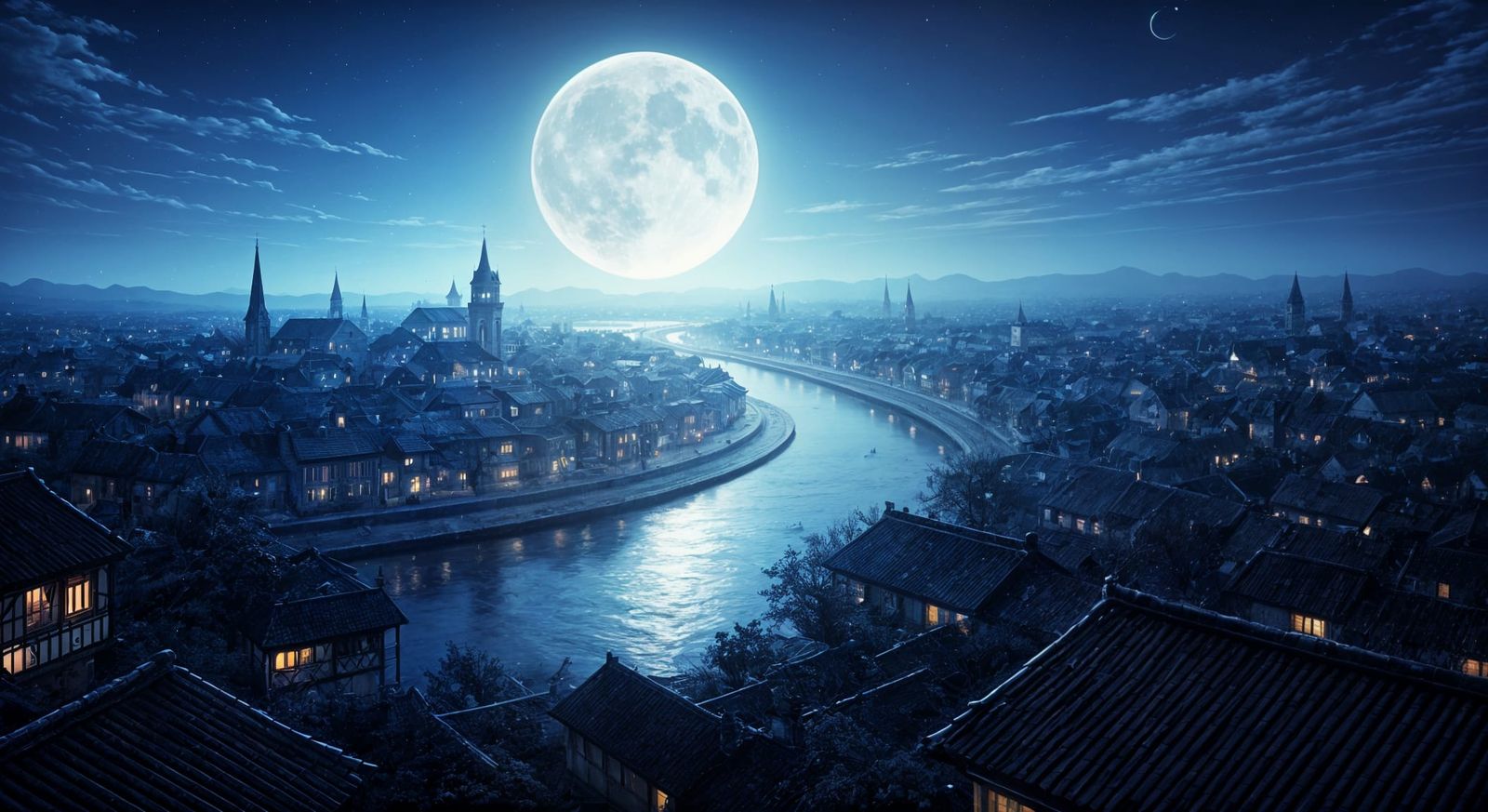 Dreamlike Town Under Giant Full Moon