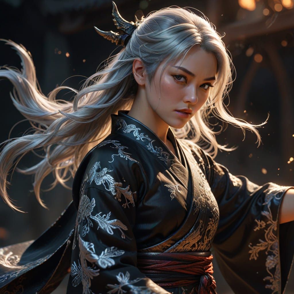 Elegant European Samurai Duel in Soft Sunset Light