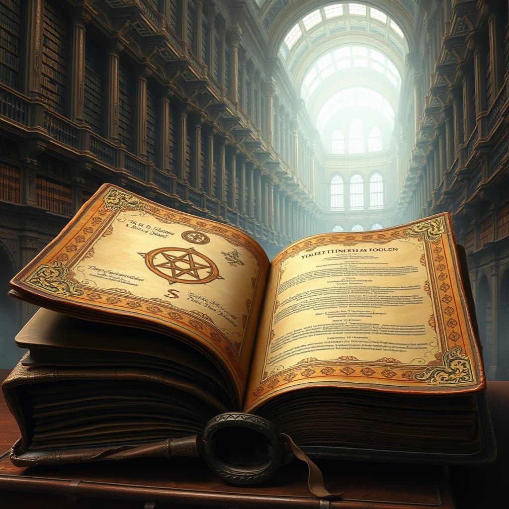 Ancient Tome Amidst a Dreamlike Library