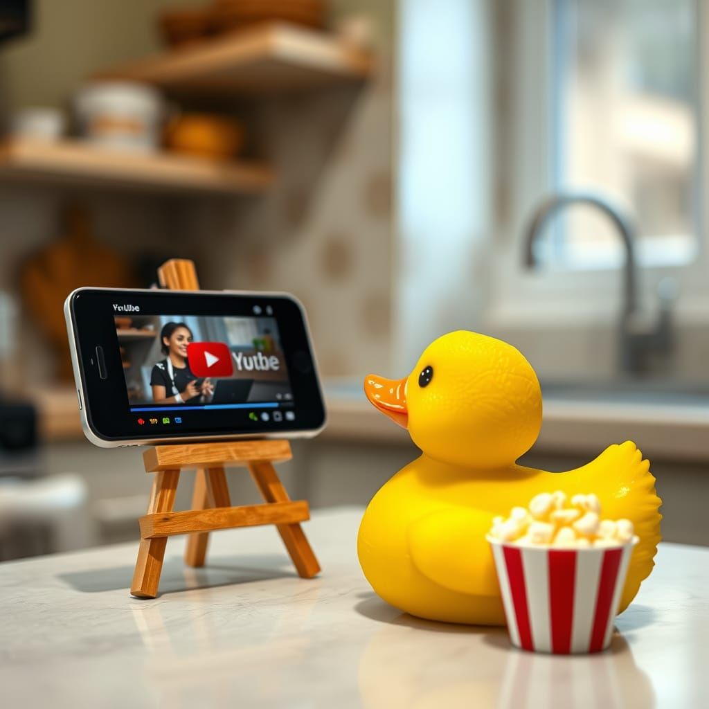 Cute Rubber Duck Watches YouTube in a Cozy Fantasy Kitchen